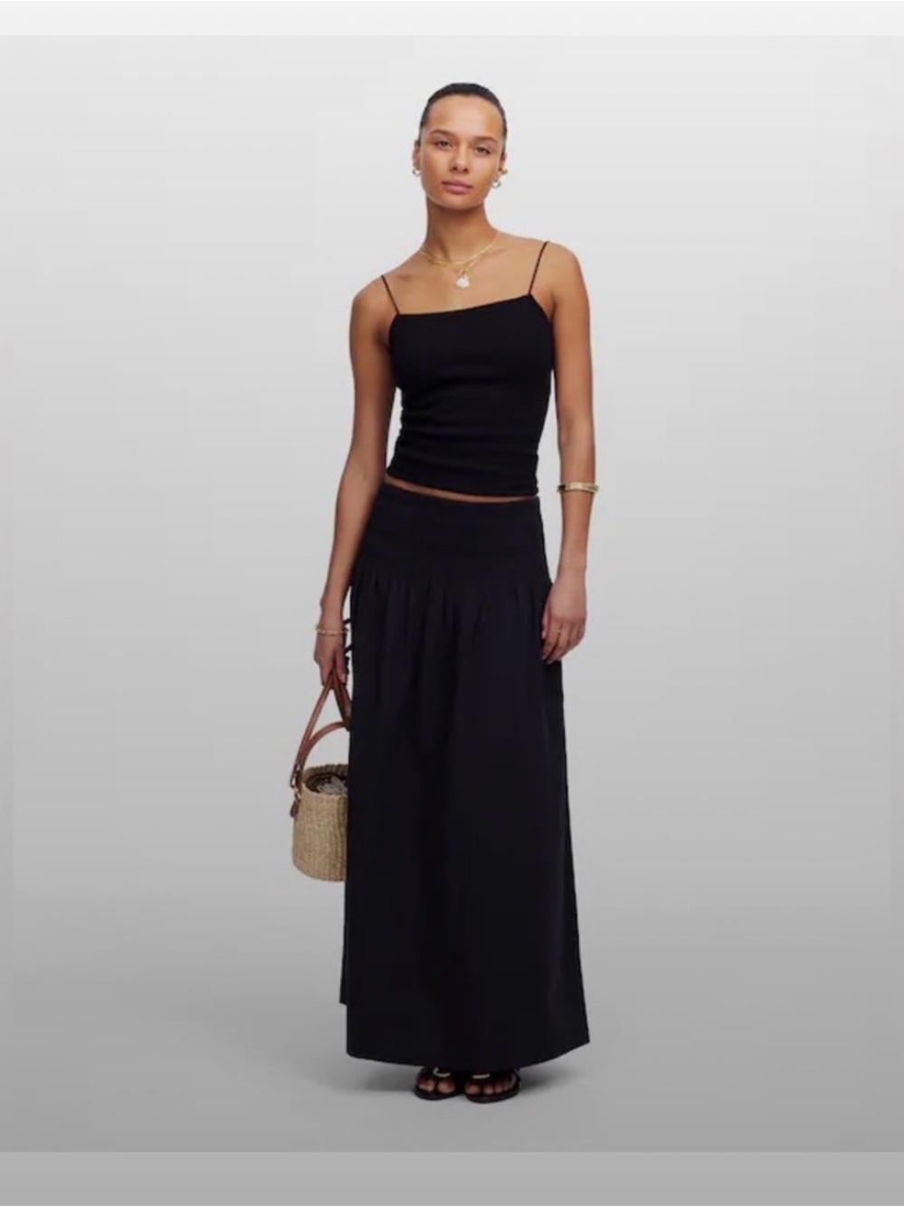 NWT Madewell Black Cotton Maxi Skirt with Smocked Waist